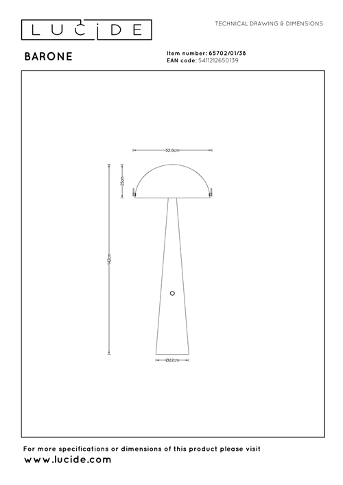 Lucide BARONE - Lampadaire - Ø 52,6 cm - 1xE27 - Crème | Vibes - technique